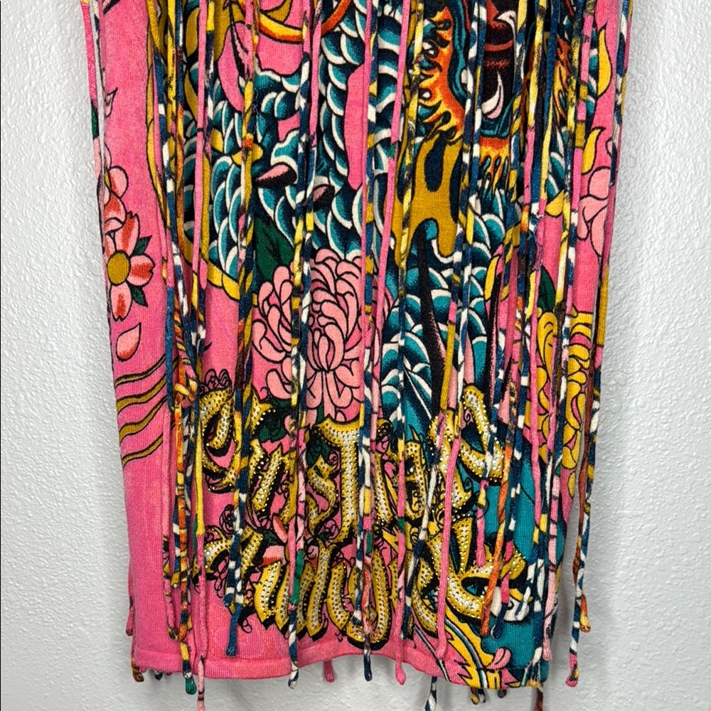 Christian Audigier Pink Tank Sweater Dress w Graphic Design Fringe‎ Y2K - Picture 7 of 17
